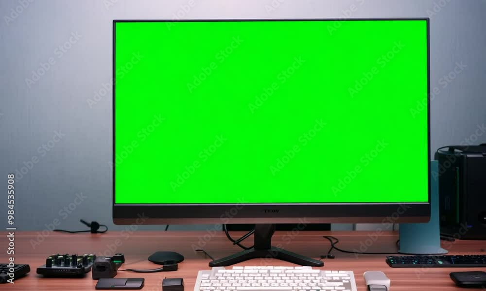 Computer on desk with green screen Computer on desk with green screen