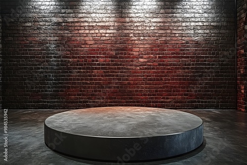 An empty stage with a circular platform sits against a textured brick wall, illuminated by dramatic overhead lighting.