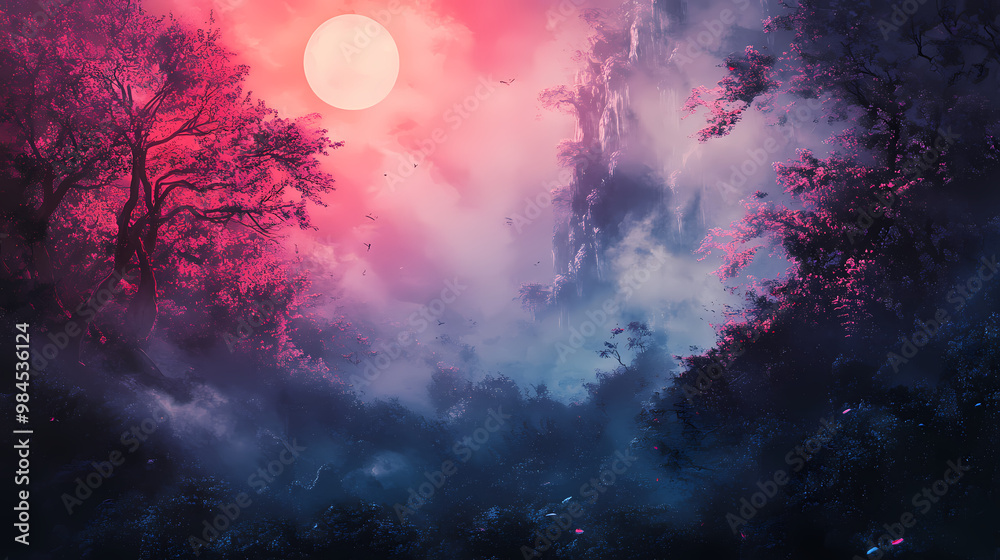 A dreamlike abstract landscape of a mystical forest. Yokai. Illustration A dreamlike abstract landscape of a mystical forest. Yokai. Illustration