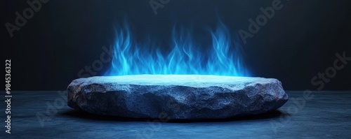 A mystical stone platform surrounded by ethereal blue flames, creating a captivating and otherworldly atmosphere. photo