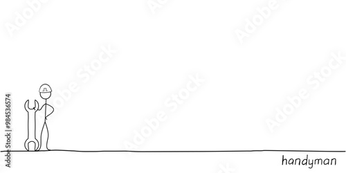 Concept handyman services. Vector banner template with stick men worker with wrench and text space.  Footer handyman drawing  on white background for your design. EPS10.