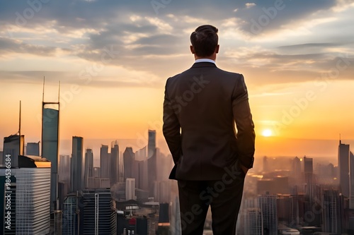 Back view of a business man looking the skyline of a big city