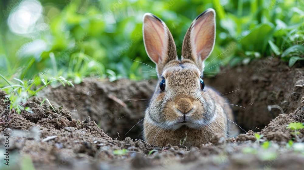 A brown rabbit peeks out of its burrow in a grassy field. A brown rabbit peeks out of its burrow in a grassy field.