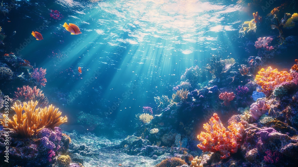 Fototapeta premium Vibrant underwater coral reef scene with colorful fish and sunlight beams through water, showcasing marine life and ocean biodiversity.