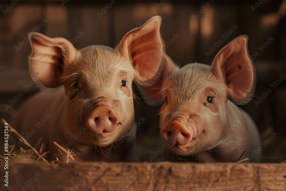 Two pigs on a farm. Farm housekeeping concept Two pigs on a farm. Farm housekeeping concept