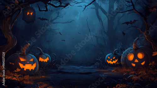 A Halloween scene with pumpkins and bats