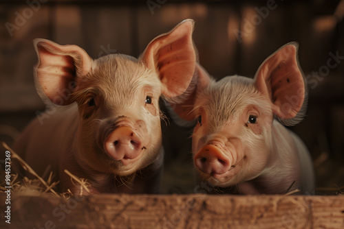 Two pigs on a farm. Farm housekeeping concept