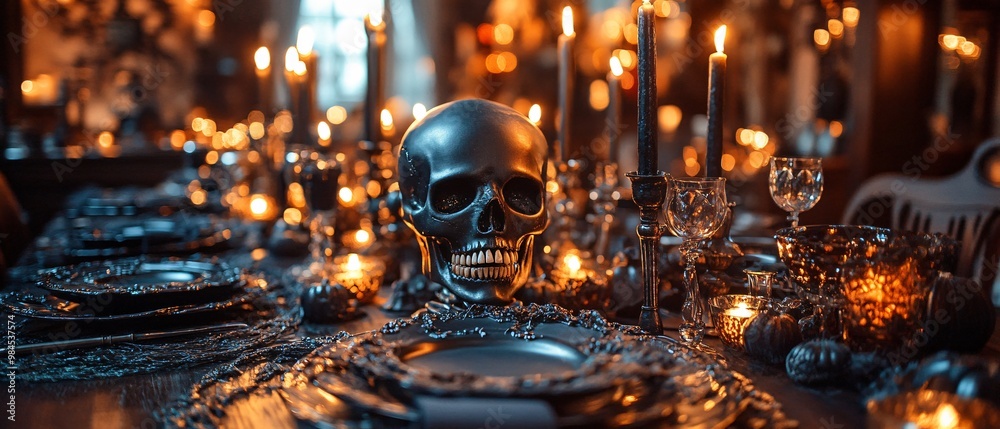 Eerie Halloween Dinner: Spooky Tableware, Dark Ambiance, Skeleton Decor Eerie Halloween Dinner: Spooky Tableware, Dark Ambiance, Skeleton Decor