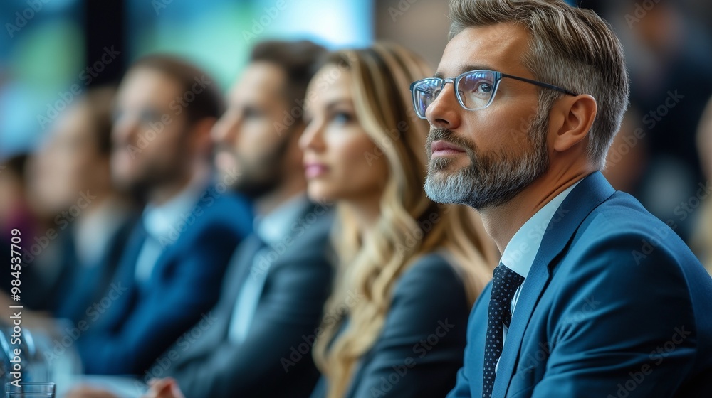 A group of business people at a conference or meeting, sitting in arow and listening to a presentation. Highlighting the focus and engagement of attendees. A group of business people at a conference or meeting, sitting in arow and listening to a presentation. Highlighting the focus and engagement of attendees.