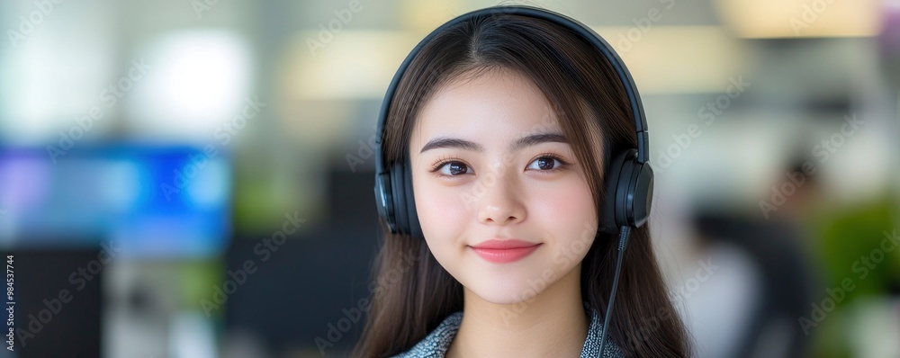 Asian businesswoman speaking enthusiastically while on a video conversation while wearing a headset and staring straight into the camera.
