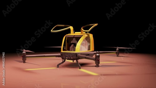 A detailed 3D model of an electric air taxi with lifting doors. The design is in classic yellow. Automated passenger and cargo delivery. 3D rendering. photo