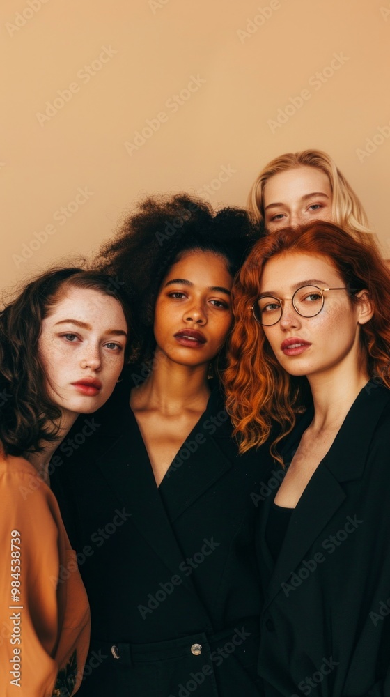 Four smiling women in close proximity. Variety in hair colors, styles, and clothing. Bright and cheerful atmosphere. Four smiling women in close proximity. Variety in hair colors, styles, and clothing. Bright and cheerful atmosphere.