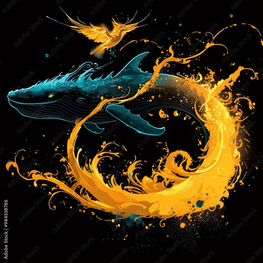 Whale and Bird in Golden Water Whale and Bird in Golden Water