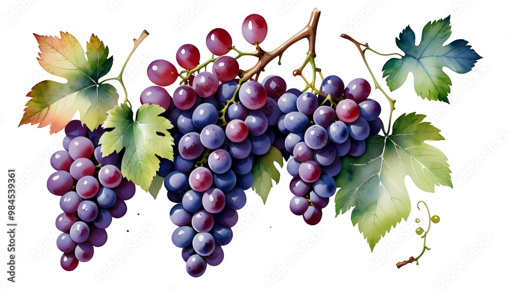 handmade multi watercolors grapes design creativity plant element grapes grapes branch colored red watercolor illustration grape ripe fruit tree branch vine fresh watercolor illustration picturesque