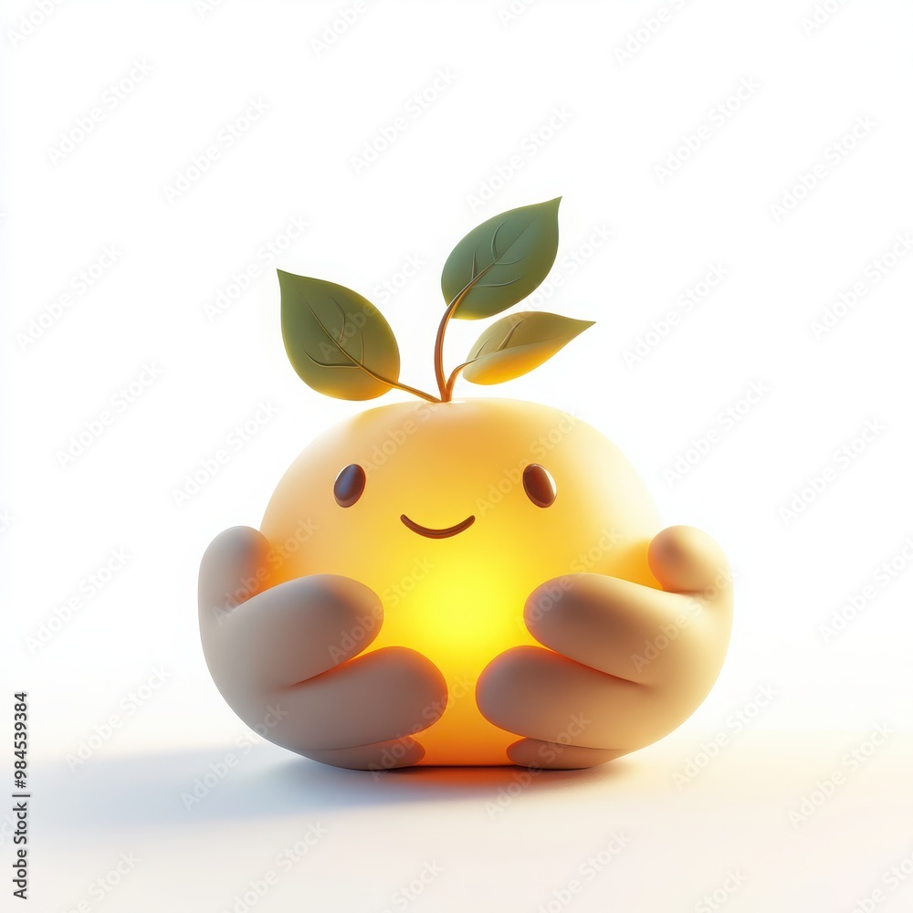 A 3D cartoon emoji with hands cupped together, gently holding a tiny, glowing seedling, symbolizing growth and creative potential, on a white background A 3D cartoon emoji with hands cupped together, gently holding a tiny, glowing seedling, symbolizing growth and creative potential, on a white background
