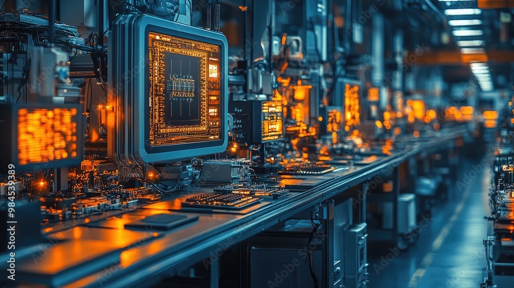 A group of engineers designing a new electronic device in a modern lab A group of engineers designing a new electronic device in a modern lab