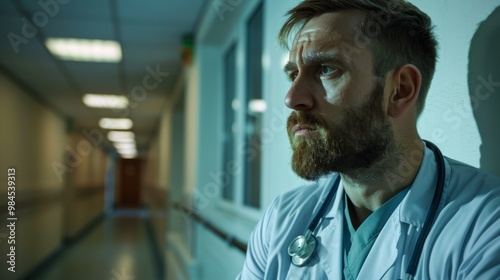 A mid-30s male doctor in a hospital hallway, wearing a white lab coat, looks tired and thoughtful. Dim lighting, shadows, and solemn atmosphere hint at a challenging or contemplative moment.