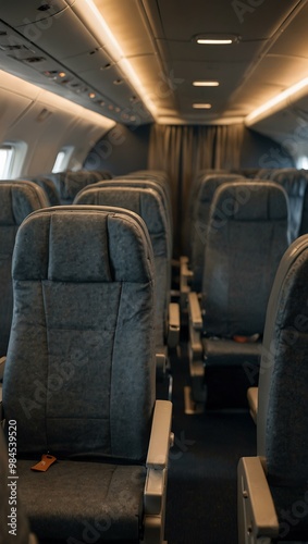 Empty airplane cabin with well-lit rows of seats.