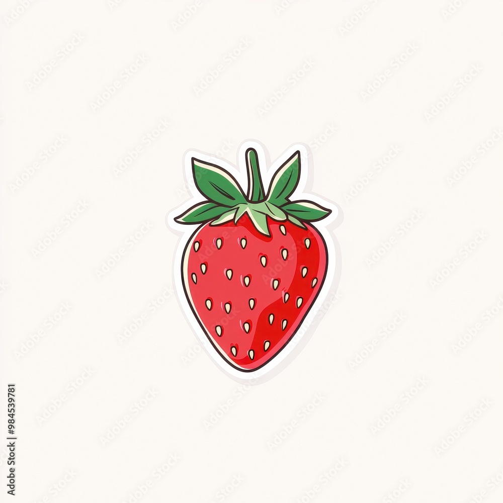 Fototapeta premium Bright and vibrant strawberry illustration with lush green leaves against a simple background, perfect for food-related designs.