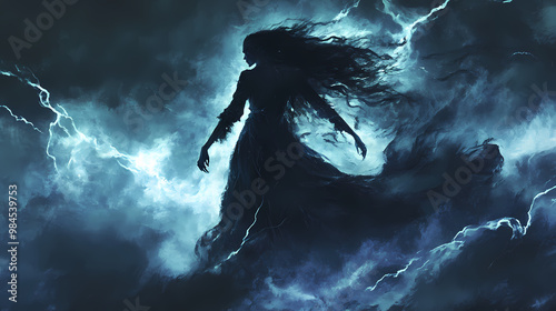 A banshees wail piercing a stormy night, her form a blur of dark energy and desperate forewarning. Banshee. Illustration photo