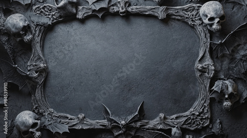 A frame decorated with skulls and crossbones, with bats flying around the sides.