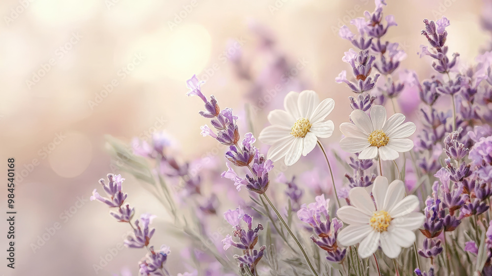 Delicate chamomile and lavender wildflowers create serene and calming atmosphere, perfect for nature lovers and those seeking tranquility. soft colors and gentle arrangement evoke sense of peace and b Delicate chamomile and lavender wildflowers create serene and calming atmosphere, perfect for nature lovers and those seeking tranquility. soft colors and gentle arrangement evoke sense of peace and b