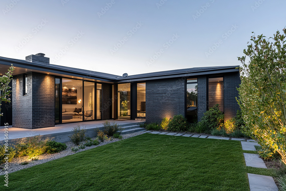 A sleek, modern home with dark gray paneling and large glass windows, nestled in an urban setting. The yard is well-maintained with lush green grass and elegant landscaping elements. A sleek, modern home with dark gray paneling and large glass windows, nestled in an urban setting. The yard is well-maintained with lush green grass and elegant landscaping elements.