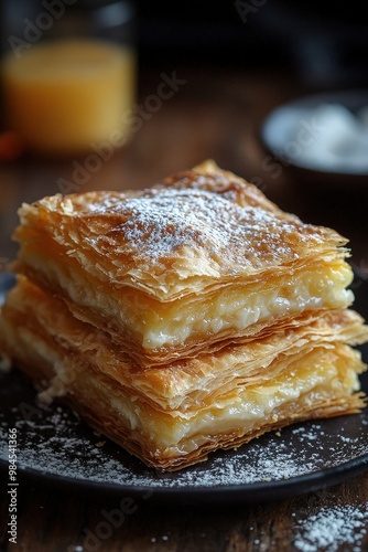 Bougatsa: A Greek breakfast pastry made with custard, cheese, or minced meat, wrapped in filo dough. photo