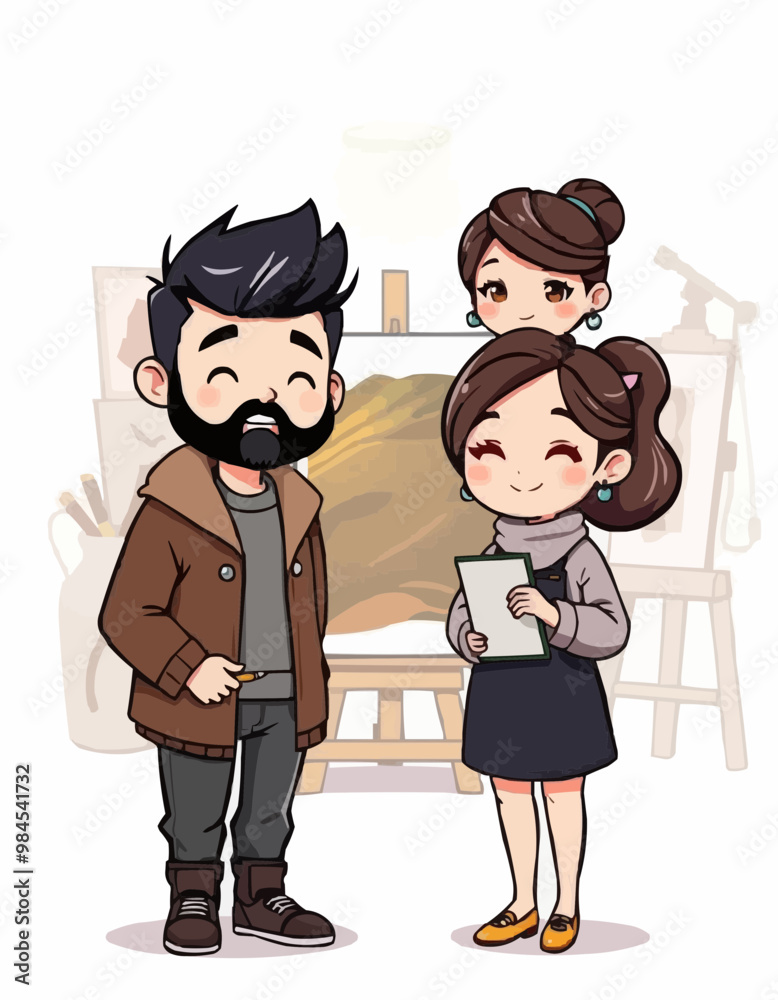 Creative friends chatting and sharing ideas in an art studio with a painting in the background
