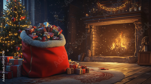 Santa's sack overflowing with gifts by a warm fireplace.