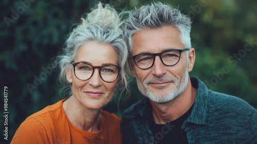 A mature couple smiles at the camera, both wearing glasses.