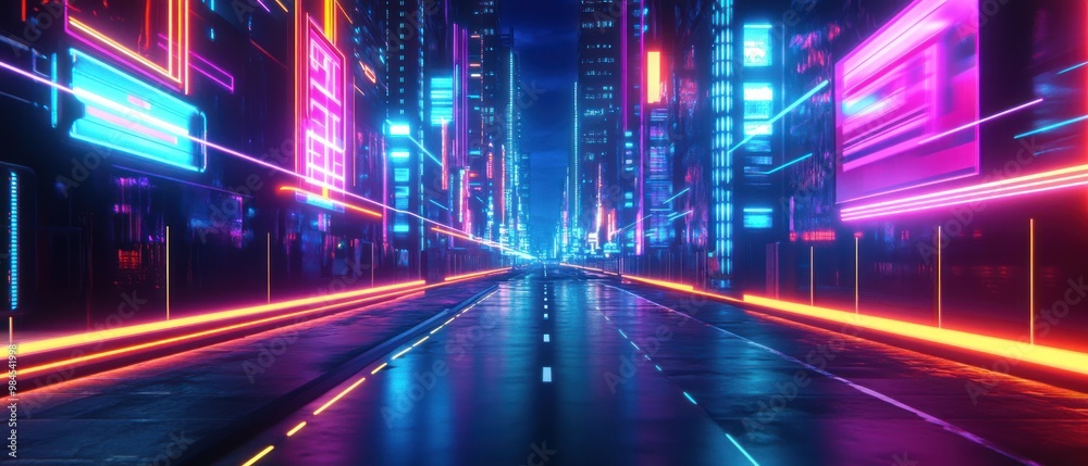 A vibrant, futuristic city street illuminated by neon lights at night. A vibrant, futuristic city street illuminated by neon lights at night.