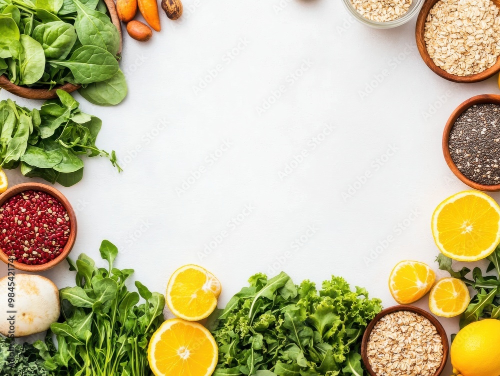 A vibrant collection of fresh vegetables and fruits arranged beautifully around a blank space, perfect for healthy recipes. A vibrant collection of fresh vegetables and fruits arranged beautifully around a blank space, perfect for healthy recipes.