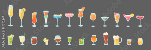 Glasses of alcohol cocktails set vector illustration. Cartoon drinks isolated on black background. Celebration with toasts and cheering. Party time. Summer beach. Beverage menu.