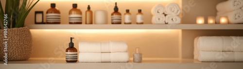 A serene spa shelf displaying beauty products, soft towels, and calming candles, creating a relaxing atmosphere.