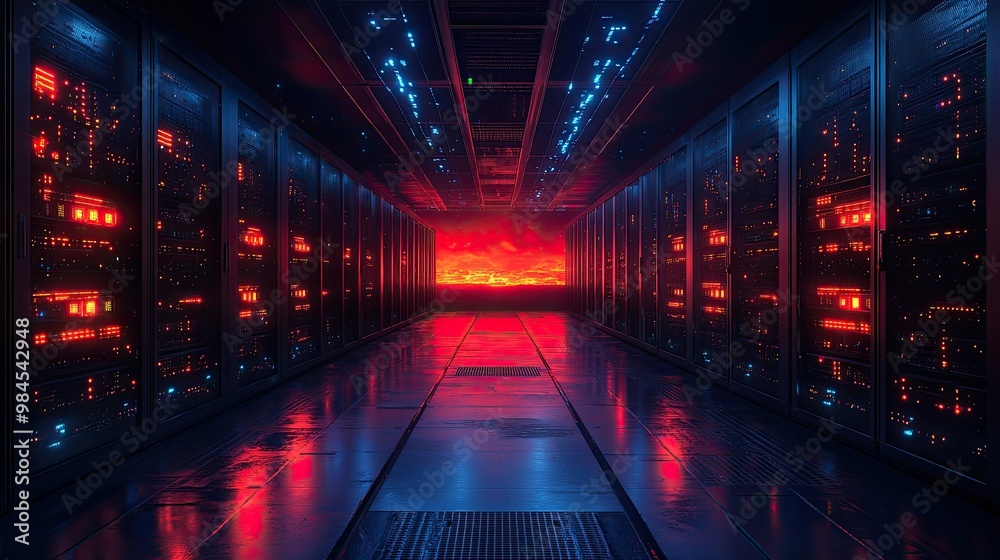 High-tech server room with rows of glowing servers and cooling systems