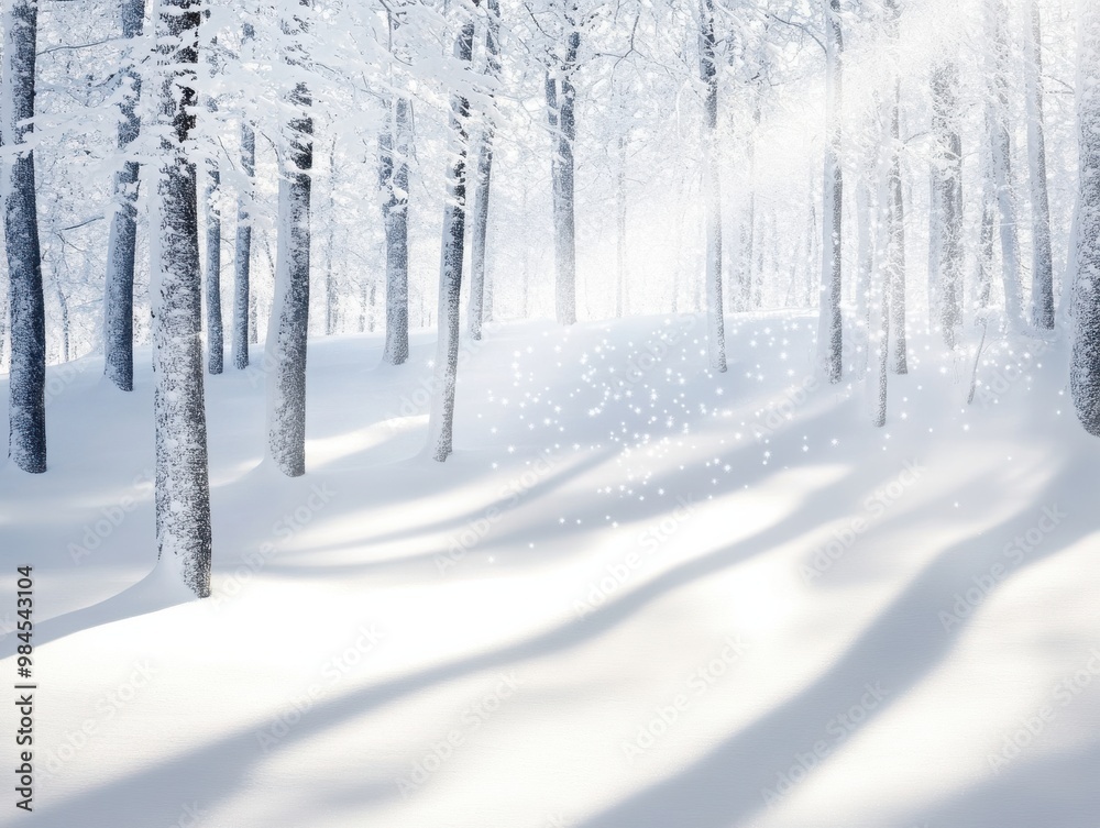 Obraz premium A serene winter landscape featuring snow-covered trees and gentle sunlight filtering through the forest, creating a peaceful atmosphere.