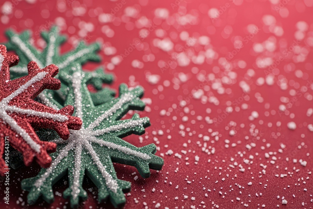 Snowflakes falling in a red and green-themed Christmas backdrop, capturing the essence of the season Snowflakes falling in a red and green-themed Christmas backdrop, capturing the essence of the season