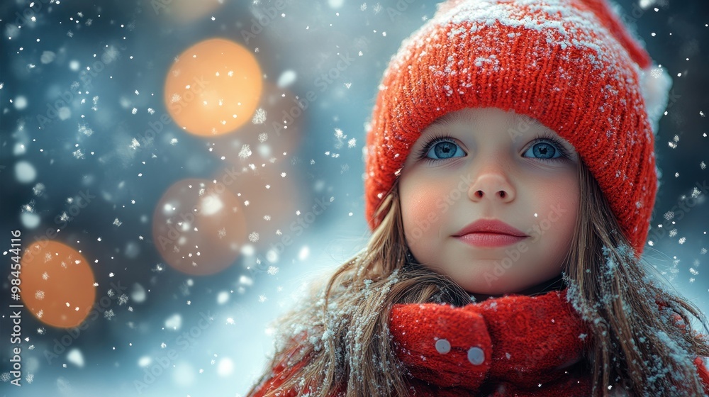 A young girl in a red hat and scarf, surrounded by falling snow. A young girl in a red hat and scarf, surrounded by falling snow.
