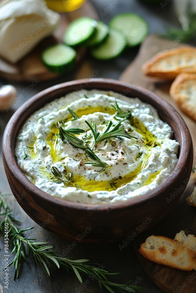 Tzatziki: A yogurt-based dip made with cucumber, garlic, and olive oil, served with bread or meat. Tzatziki: A yogurt-based dip made with cucumber, garlic, and olive oil, served with bread or meat.