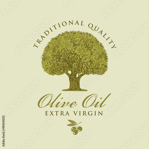 Vector banner or label for extra virgin olive oil with realistic olive tree and handwritten inscriptions on light background in retro style