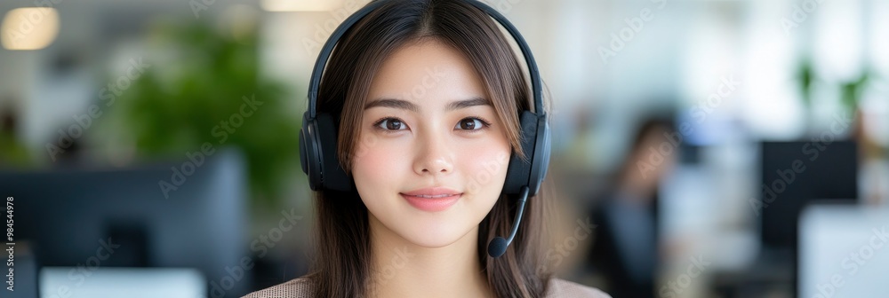 Asian businesswoman speaking enthusiastically while on a video conversation while wearing a headset and staring straight into the camera.