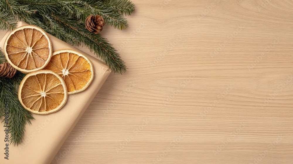 A beautifully wrapped gift adorns a wooden surface, decorated with a dried orange slice and a sprig of pine, creating a natural, festive atmosphere for the holidays.