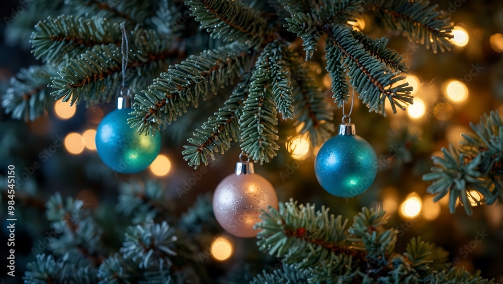 Festive scene with ornaments on frosted pine branches and Christmas lights. Festive scene with ornaments on frosted pine branches and Christmas lights.