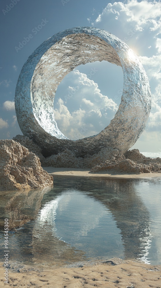 Fototapeta premium A surreal metal ring sculpture reflects in tranquil water under a bright sky, blending art with nature's beauty.