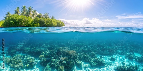 Beautiful underwater view with coral reefs and sun shining on water