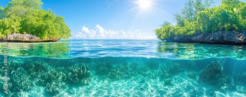 Beautiful underwater view with coral reefs and sun shining on water