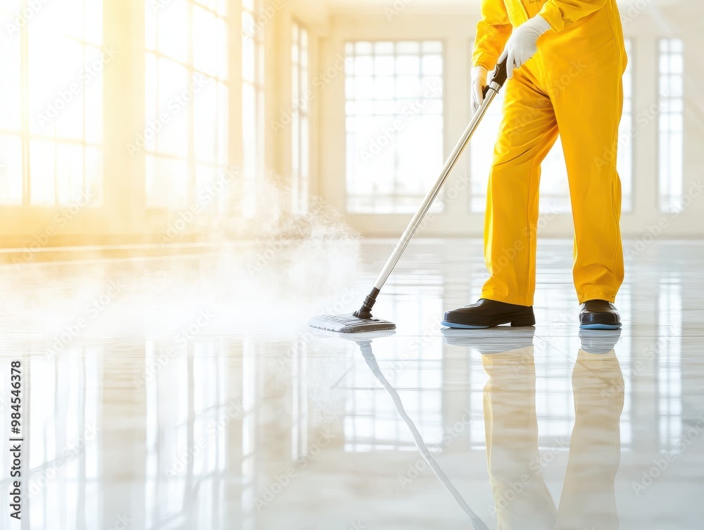 Fototapeta premium A professional in a yellow suit uses a steam cleaner to sanitize a shiny floor in a bright, sunlit room.