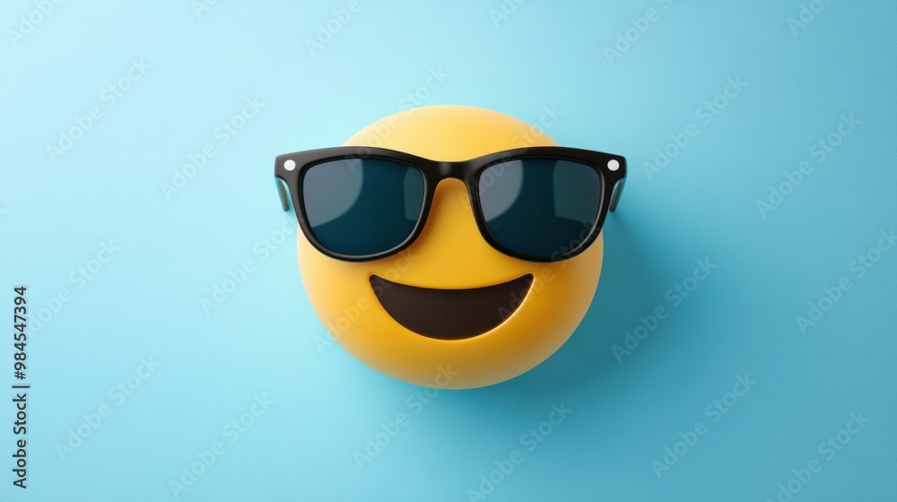 Sunglasses emoji with a cool expression, isolated on a pastel blue background, ideal for trendy and stylish designs. Sunglasses emoji with a cool expression, isolated on a pastel blue background, ideal for trendy and stylish designs.