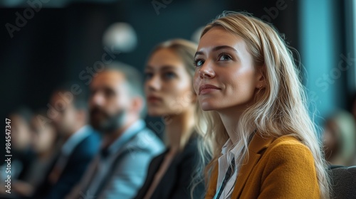 A group of business people at a conference or meeting, sitting in arow and listening to a presentation. Highlighting the focus and engagement of attendees.